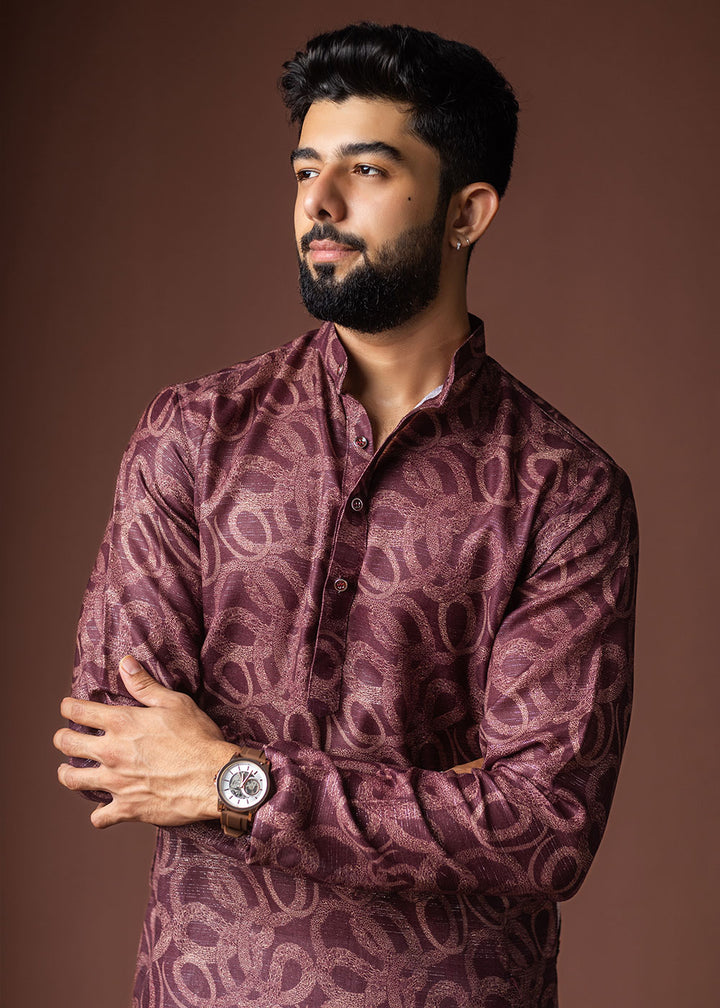 Merlot Purple Blended Linen Kurta with Swirl-Form Print