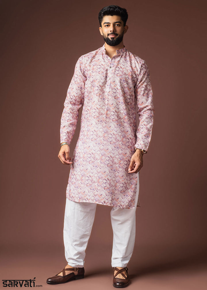 Nude Pink Blended Linen Kurta with Geometric Floral Print