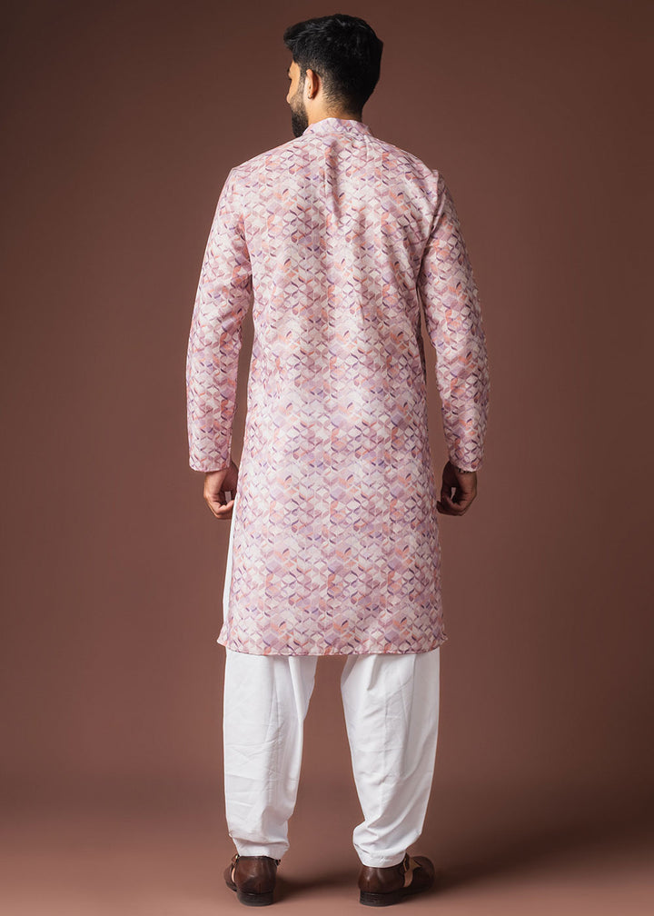 Nude Pink Blended Linen Kurta with Geometric Floral Print