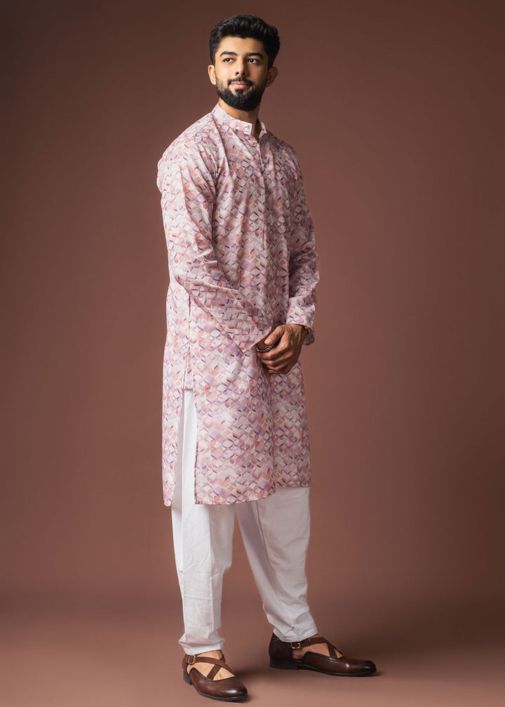Nude Pink Blended Linen Kurta with Geometric Floral Print