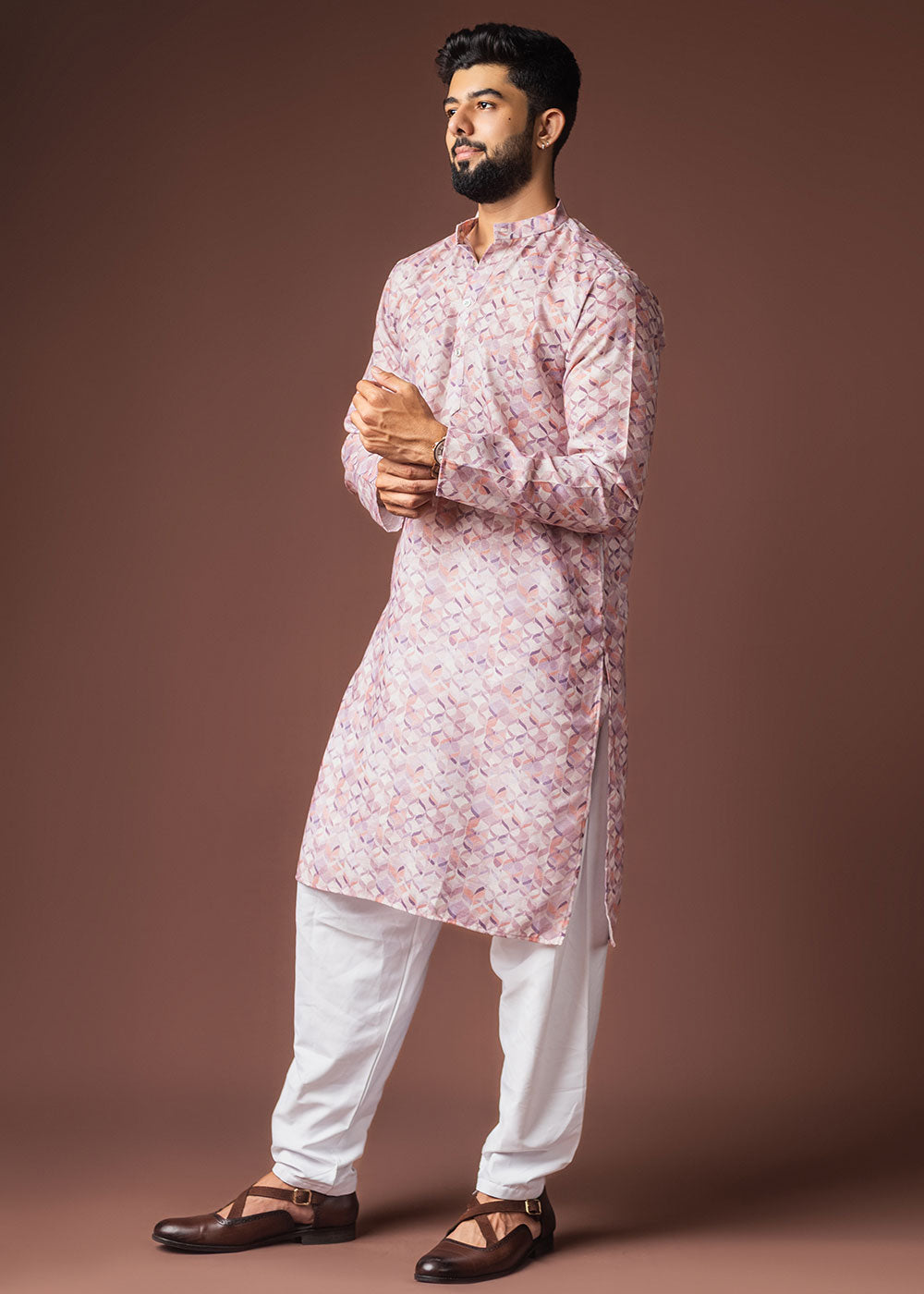 Nude Pink Blended Linen Kurta with Geometric Floral Print