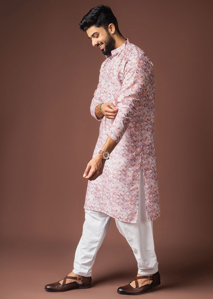 Nude Pink Blended Linen Kurta with Geometric Floral Print