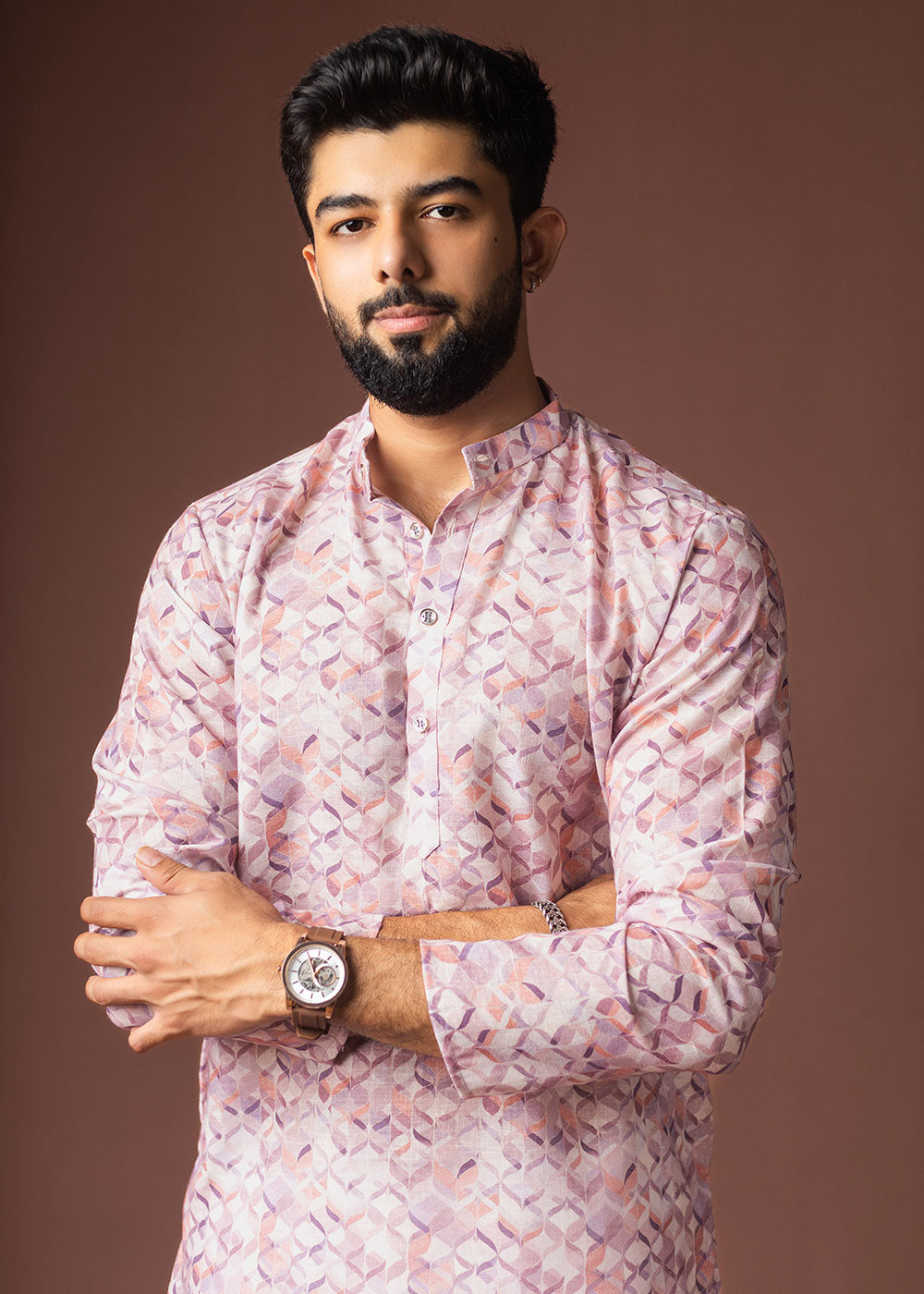 Nude Pink Blended Linen Kurta with Geometric Floral Print