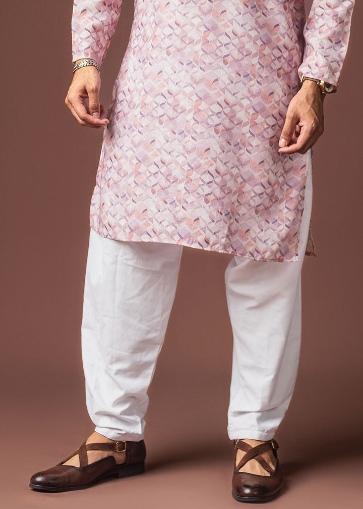 Nude Pink Blended Linen Kurta with Geometric Floral Print