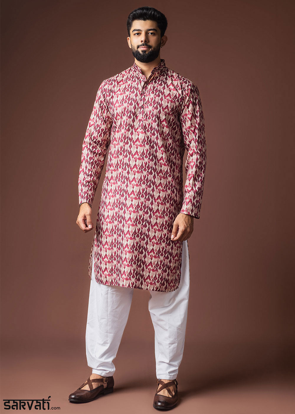 Dark Fuchsia Blended Linen Kurta with Ikat-Inspired Pattern
