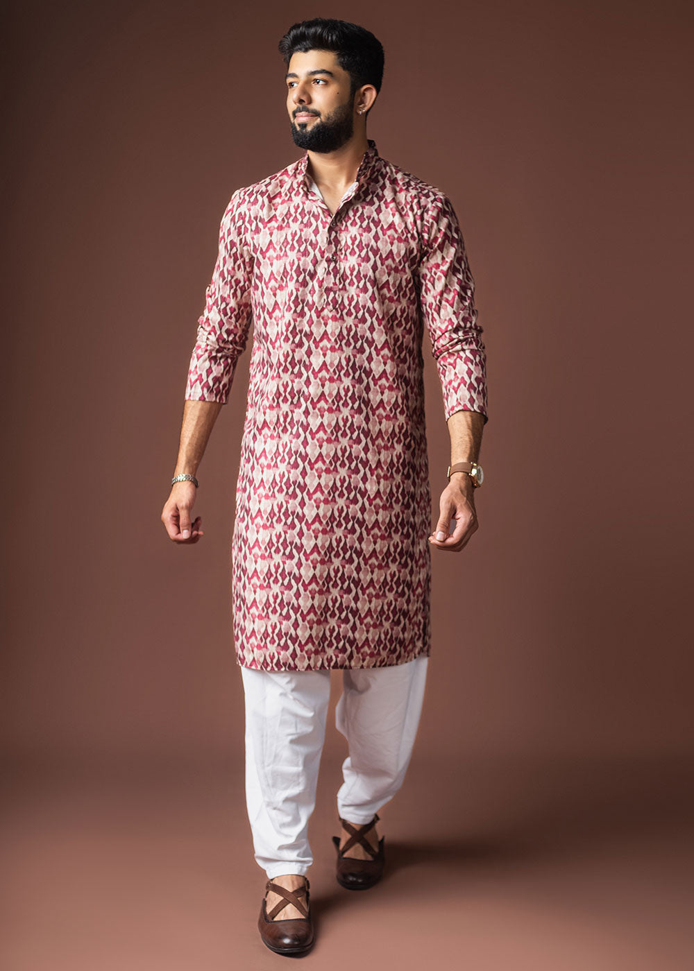 Dark Fuchsia Blended Linen Kurta with Ikat-Inspired Pattern