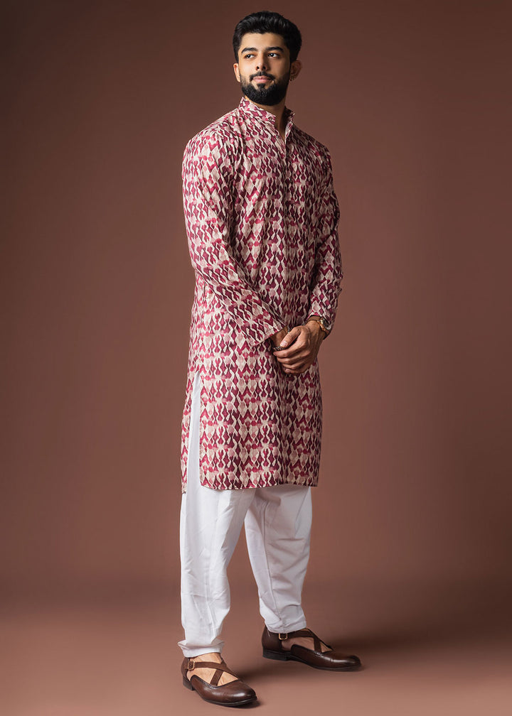 Dark Fuchsia Blended Linen Kurta with Ikat-Inspired Pattern