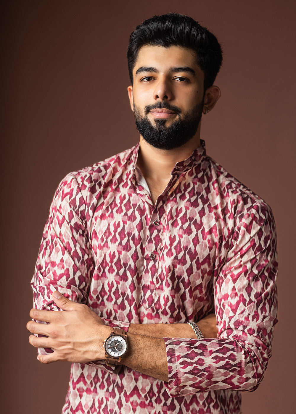 Dark Fuchsia Blended Linen Kurta with Ikat-Inspired Pattern