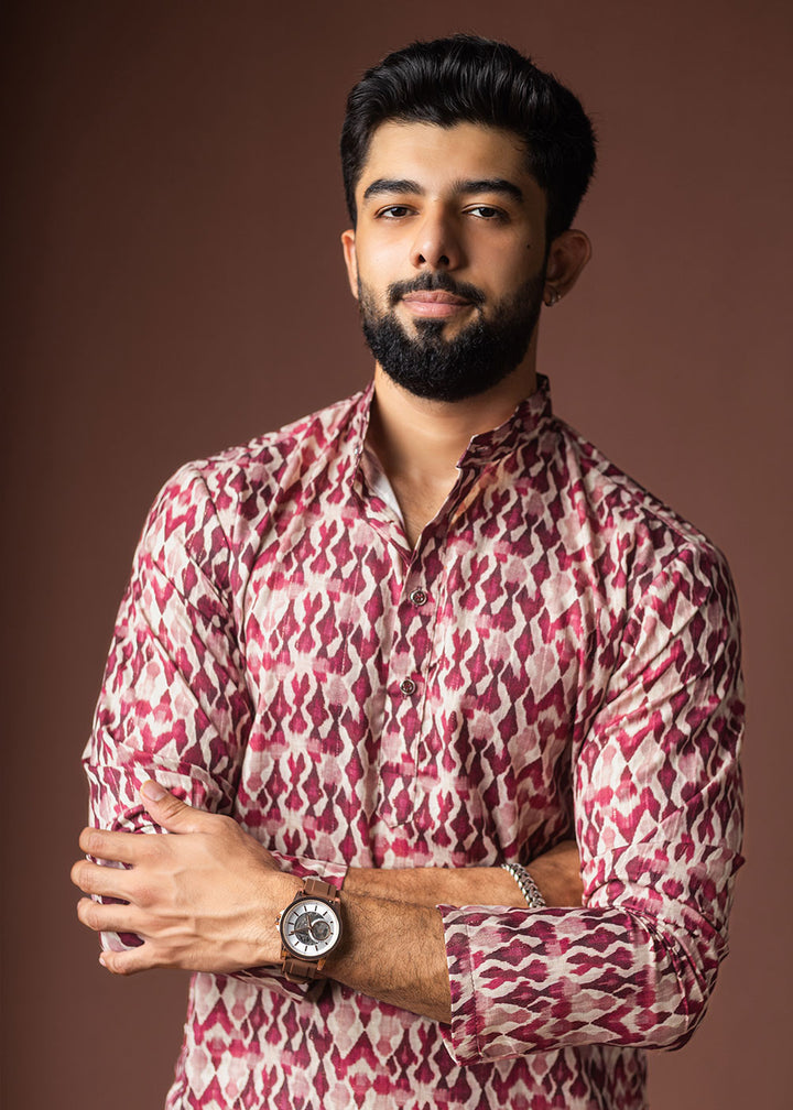 Dark Fuchsia Blended Linen Kurta with Ikat-Inspired Pattern