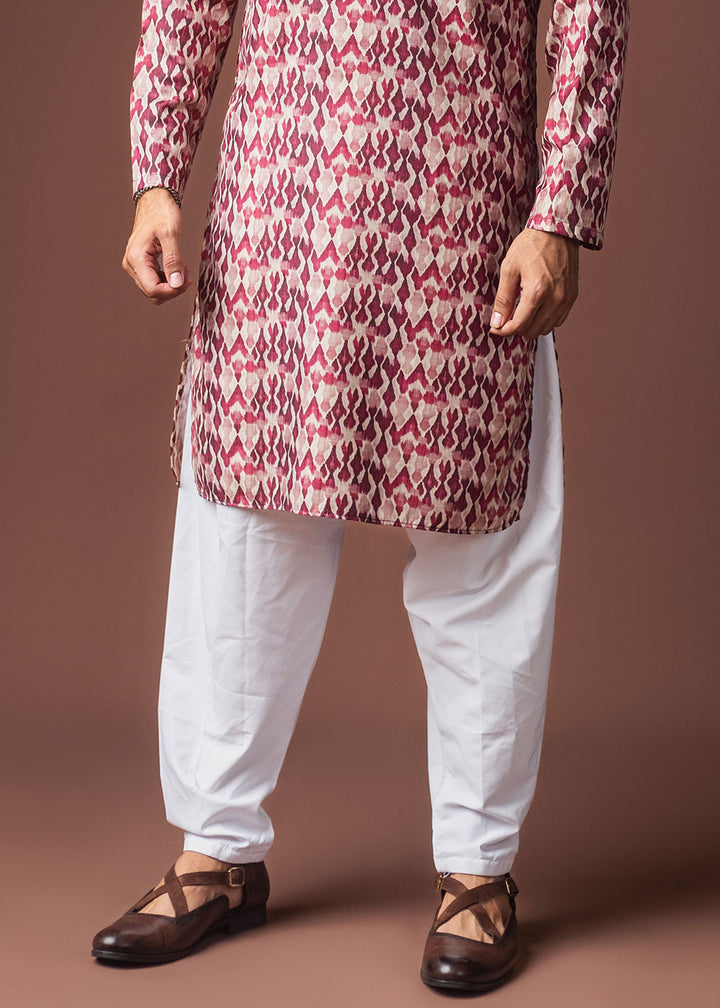 Dark Fuchsia Blended Linen Kurta with Ikat-Inspired Pattern