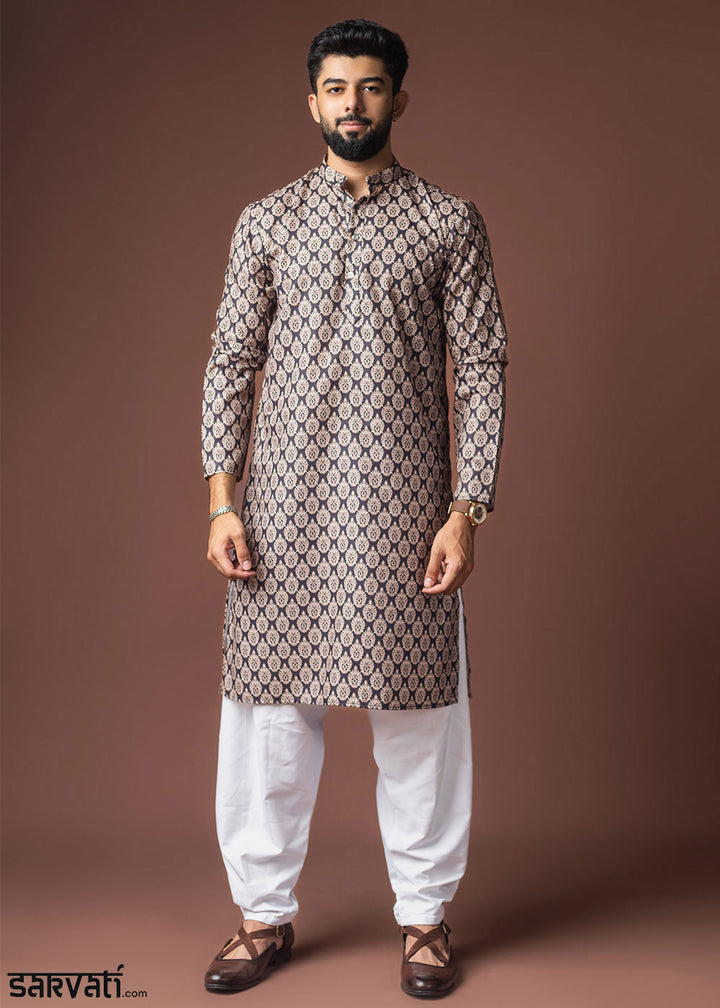 Navy Blue Blended Linen Kurta with Buta-Inspired Motifs
