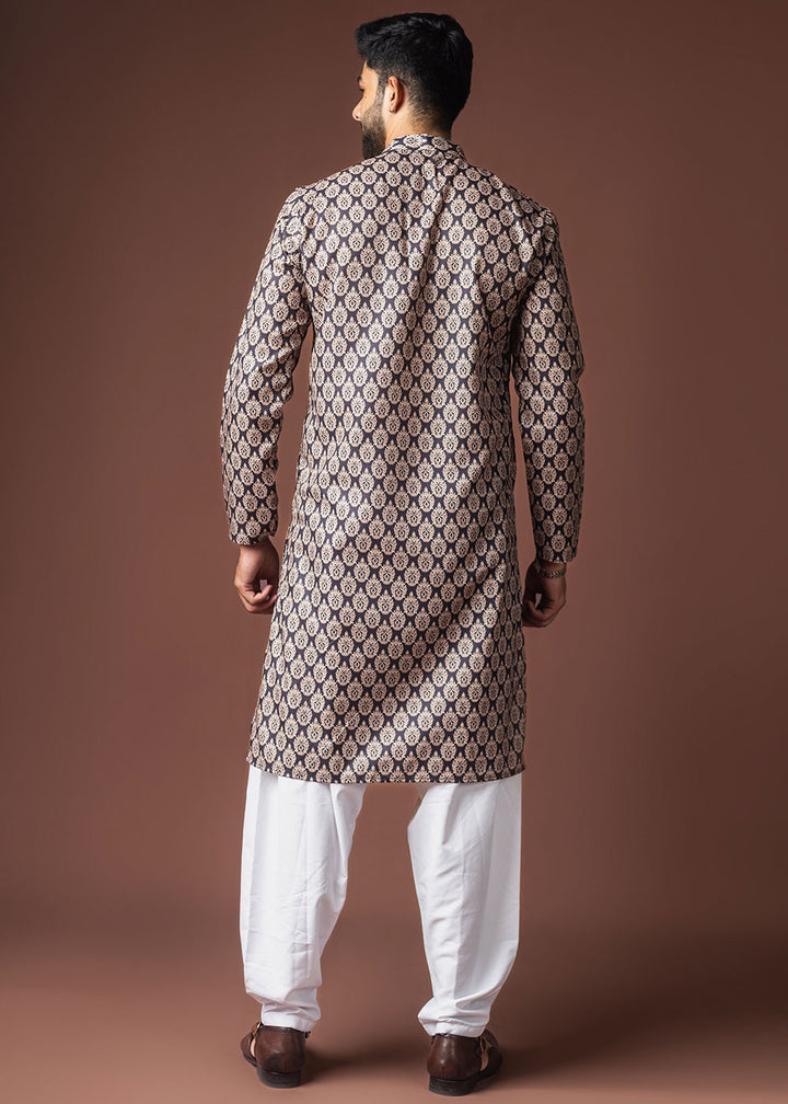 Navy Blue Blended Linen Kurta with Buta-Inspired Motifs