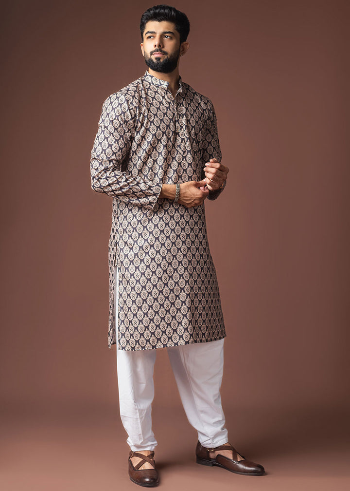 Navy Blue Blended Linen Kurta with Buta-Inspired Motifs