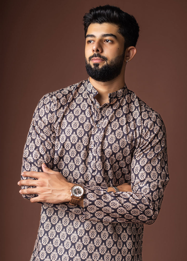 Navy Blue Blended Linen Kurta with Buta-Inspired Motifs