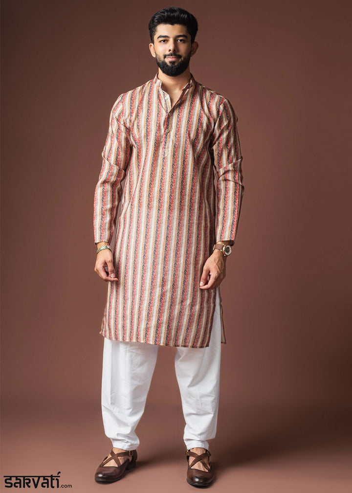 Multicoloured Blended Linen Kurta with Color-Stripe Pattern