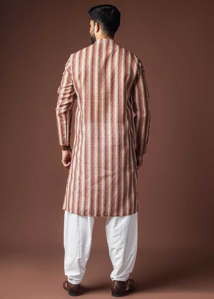 Multicoloured Blended Linen Kurta with Color-Stripe Pattern