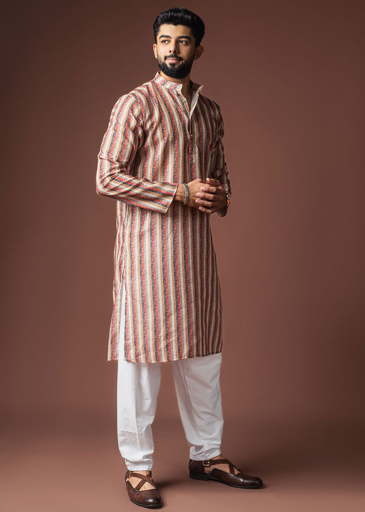 Multicoloured Blended Linen Kurta with Color-Stripe Pattern
