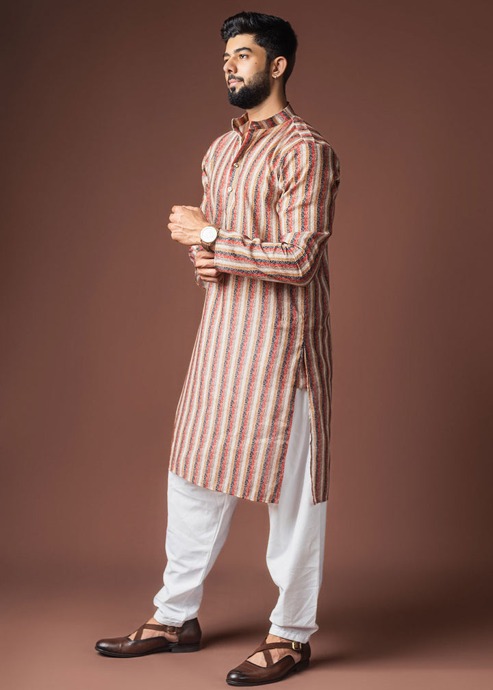 Multicoloured Blended Linen Kurta with Color-Stripe Pattern