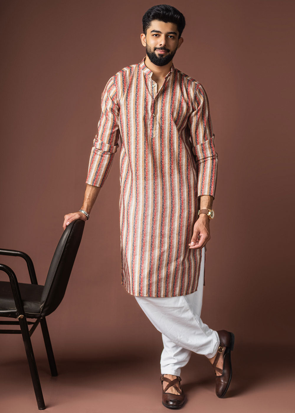 Multicoloured Blended Linen Kurta with Color-Stripe Pattern