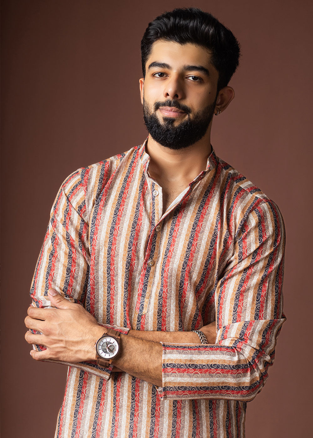 Multicoloured Blended Linen Kurta with Color-Stripe Pattern