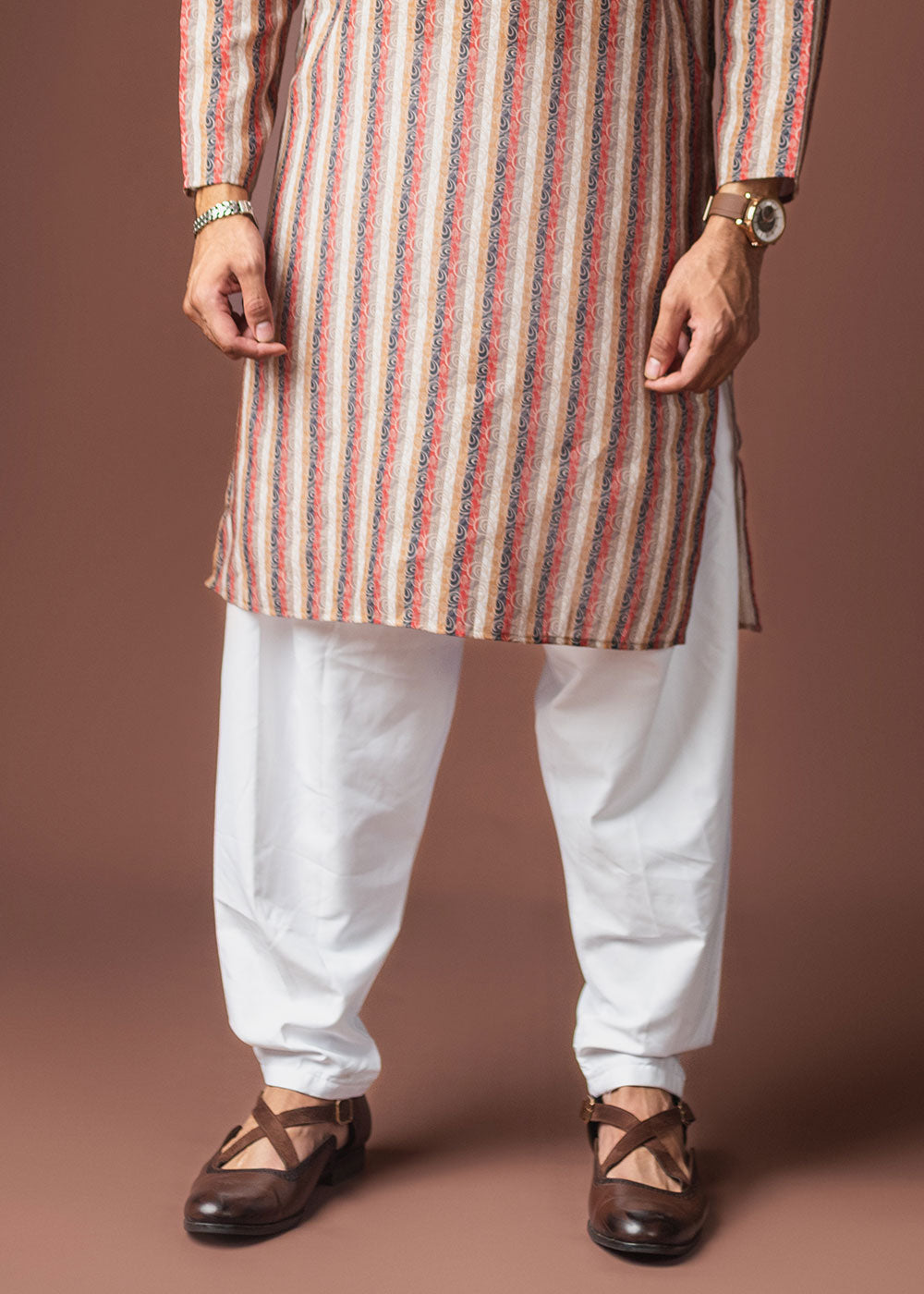 Multicoloured Blended Linen Kurta with Color-Stripe Pattern