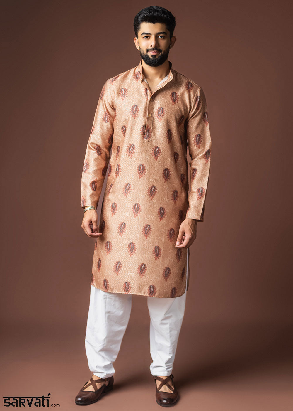 Pale Orange Blended Linen Kurta with Keri Motif Print