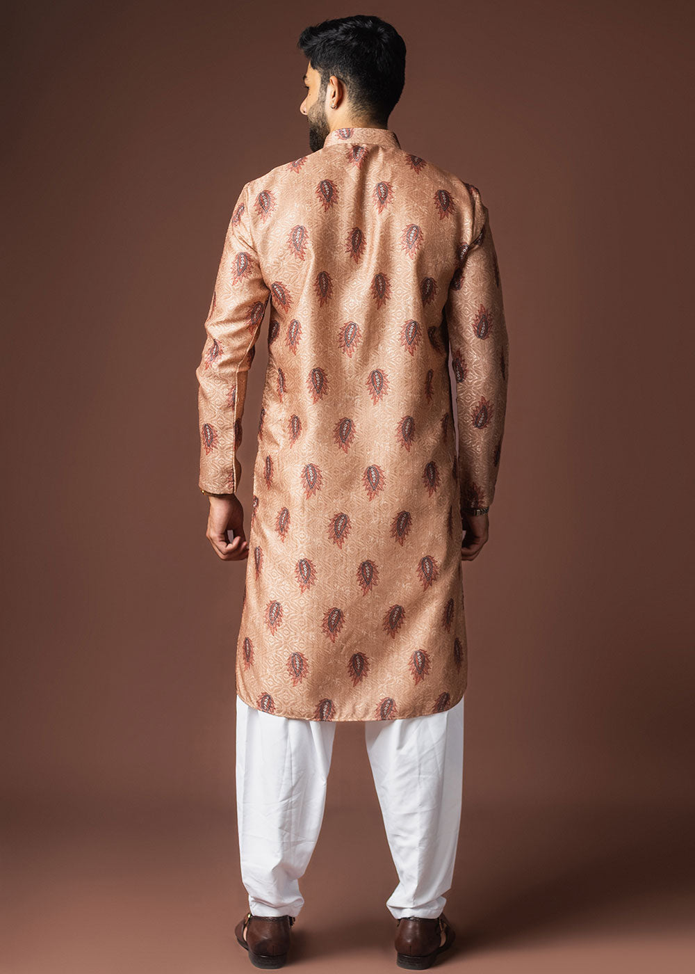 Pale Orange Blended Linen Kurta with Keri Motif Print