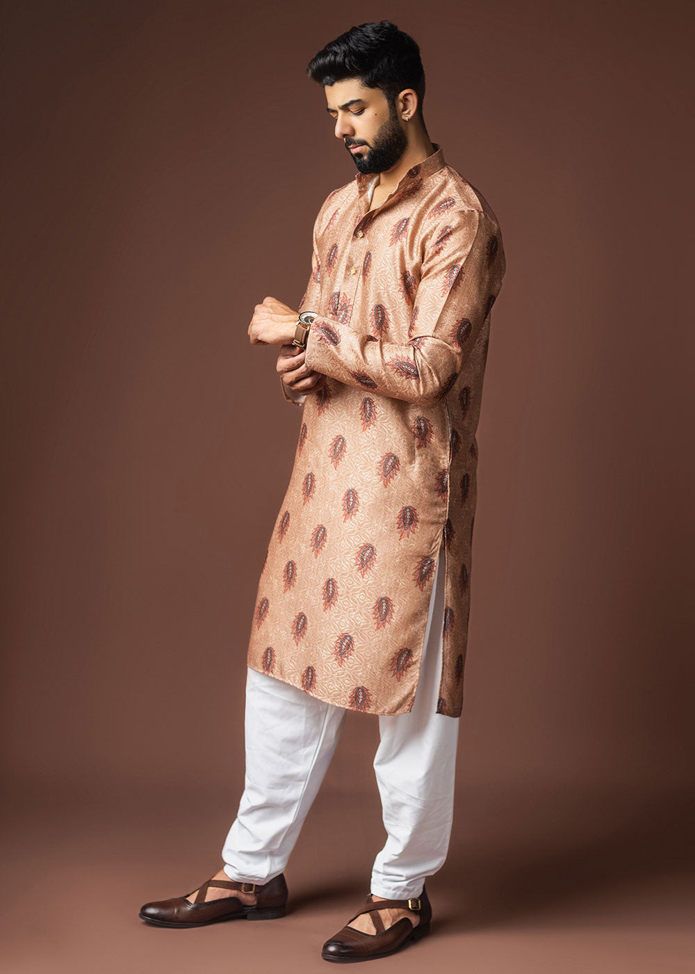 Pale Orange Blended Linen Kurta with Keri Motif Print