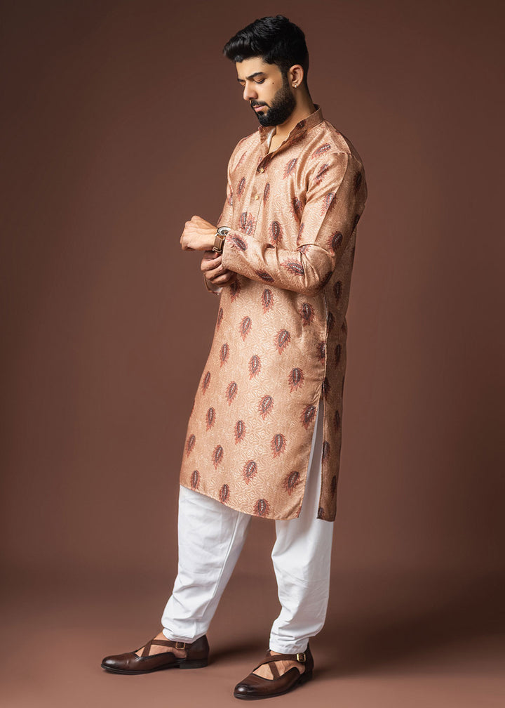 Pale Orange Blended Linen Kurta with Keri Motif Print