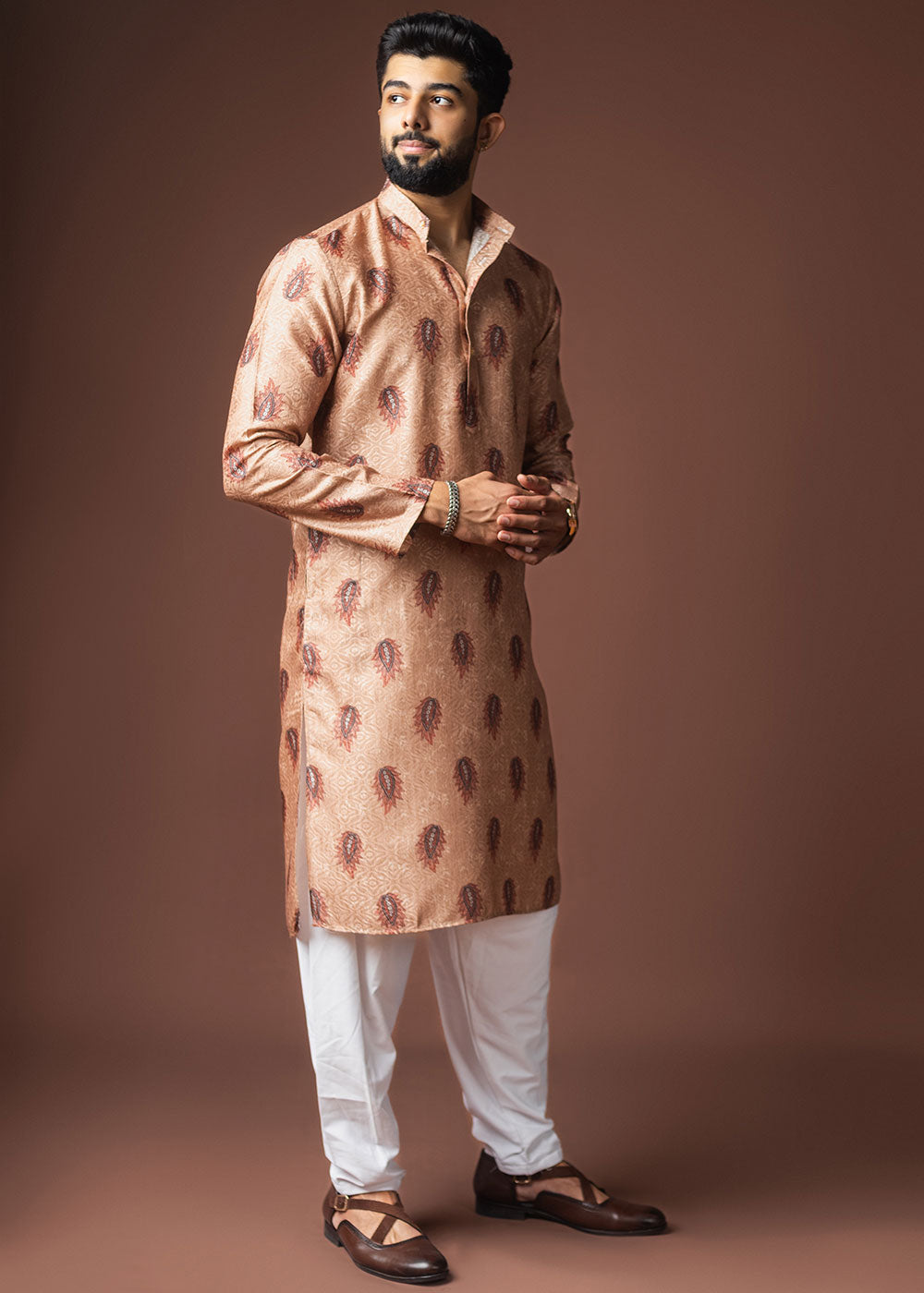 Pale Orange Blended Linen Kurta with Keri Motif Print