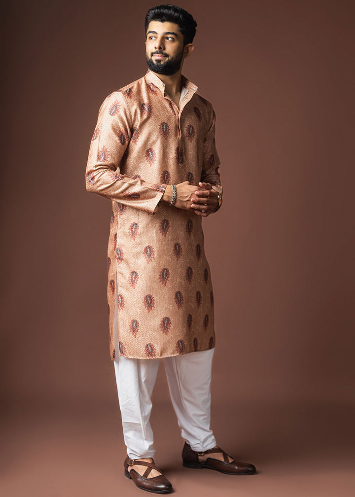 Pale Orange Blended Linen Kurta with Keri Motif Print