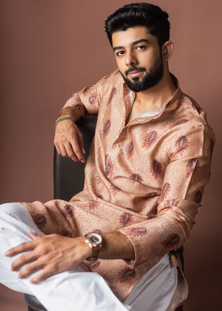 Pale Orange Blended Linen Kurta with Keri Motif Print