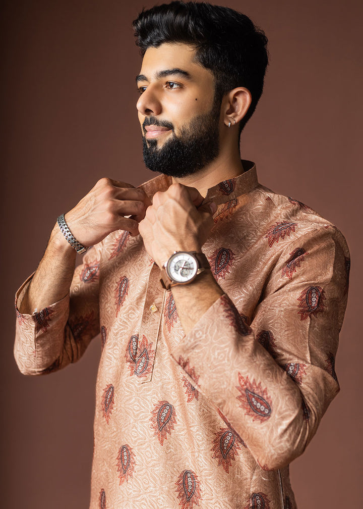 Pale Orange Blended Linen Kurta with Keri Motif Print