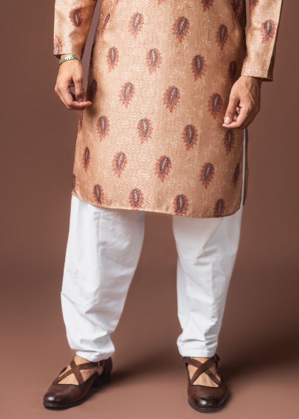 Pale Orange Blended Linen Kurta with Keri Motif Print
