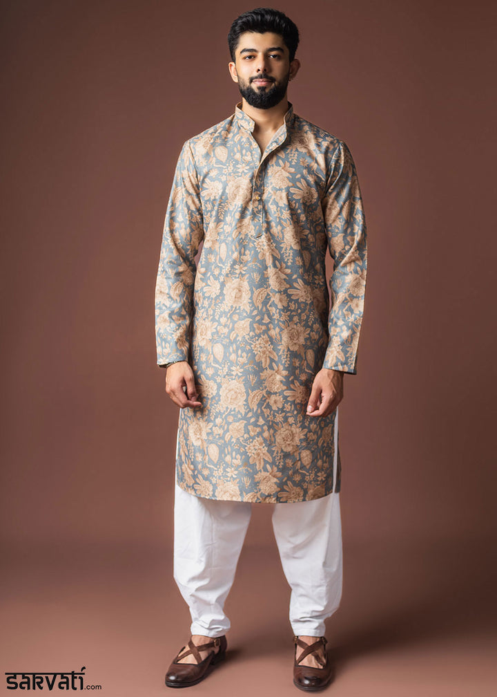 Slate Grey Blended Linen Kurta with Floral Silhouette Print