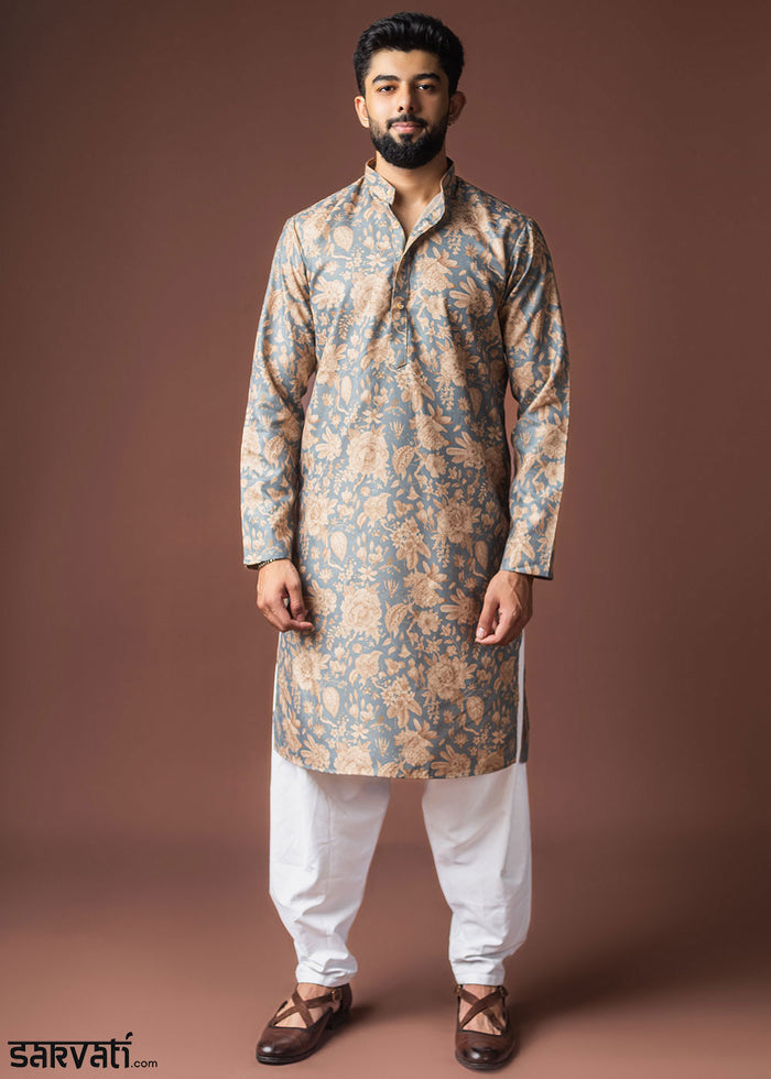 Slate Grey Blended Linen Kurta with Floral Silhouette Print