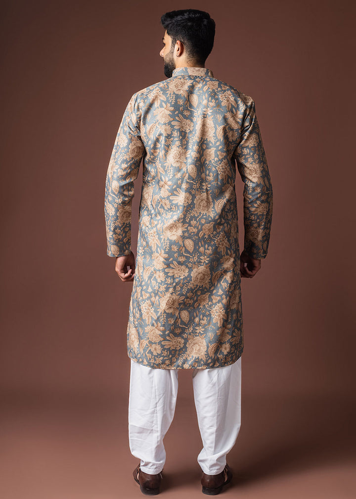 Slate Grey Blended Linen Kurta with Floral Silhouette Print