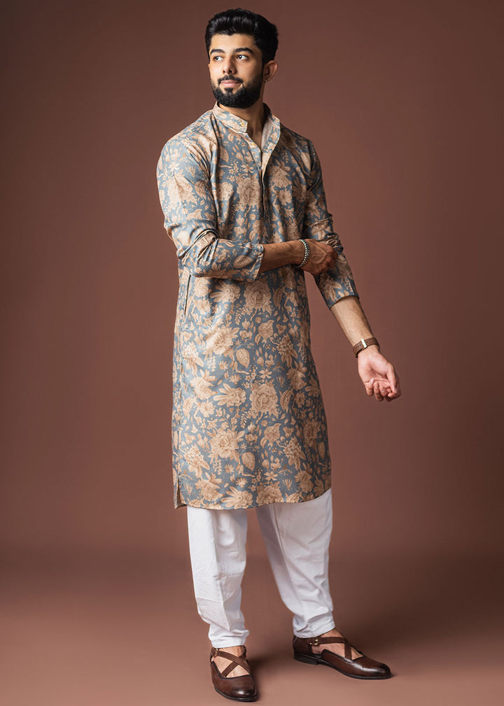 Slate Grey Blended Linen Kurta with Floral Silhouette Print