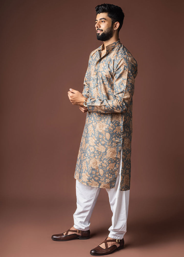 Slate Grey Blended Linen Kurta with Floral Silhouette Print