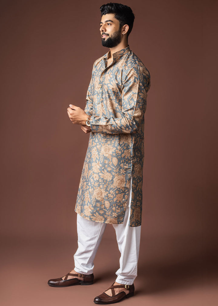 Slate Grey Blended Linen Kurta with Floral Silhouette Print