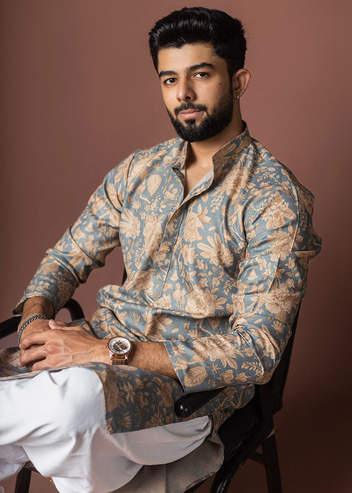 Slate Grey Blended Linen Kurta with Floral Silhouette Print