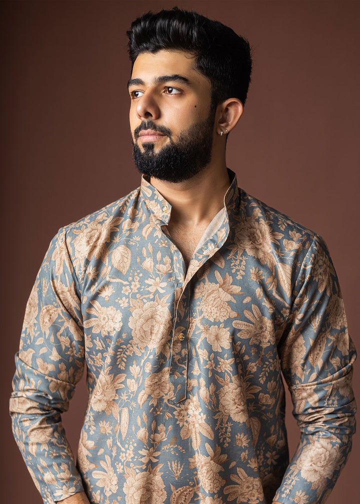 Slate Grey Blended Linen Kurta with Floral Silhouette Print