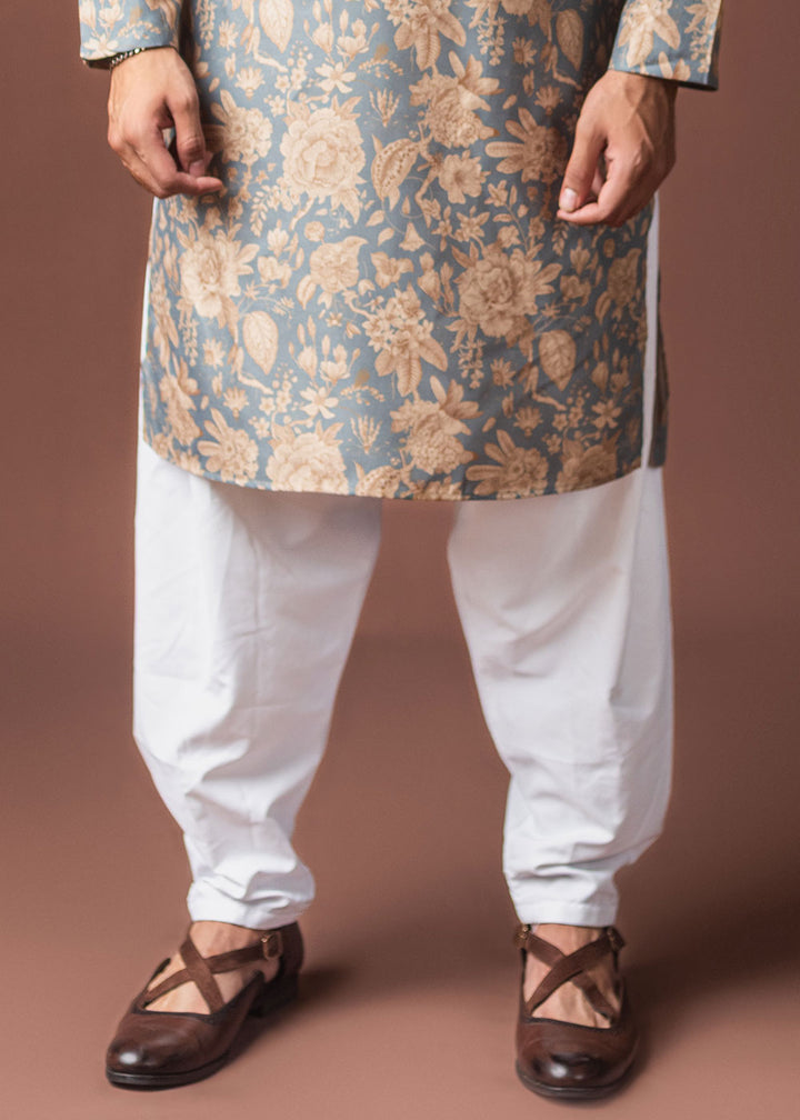 Slate Grey Blended Linen Kurta with Floral Silhouette Print