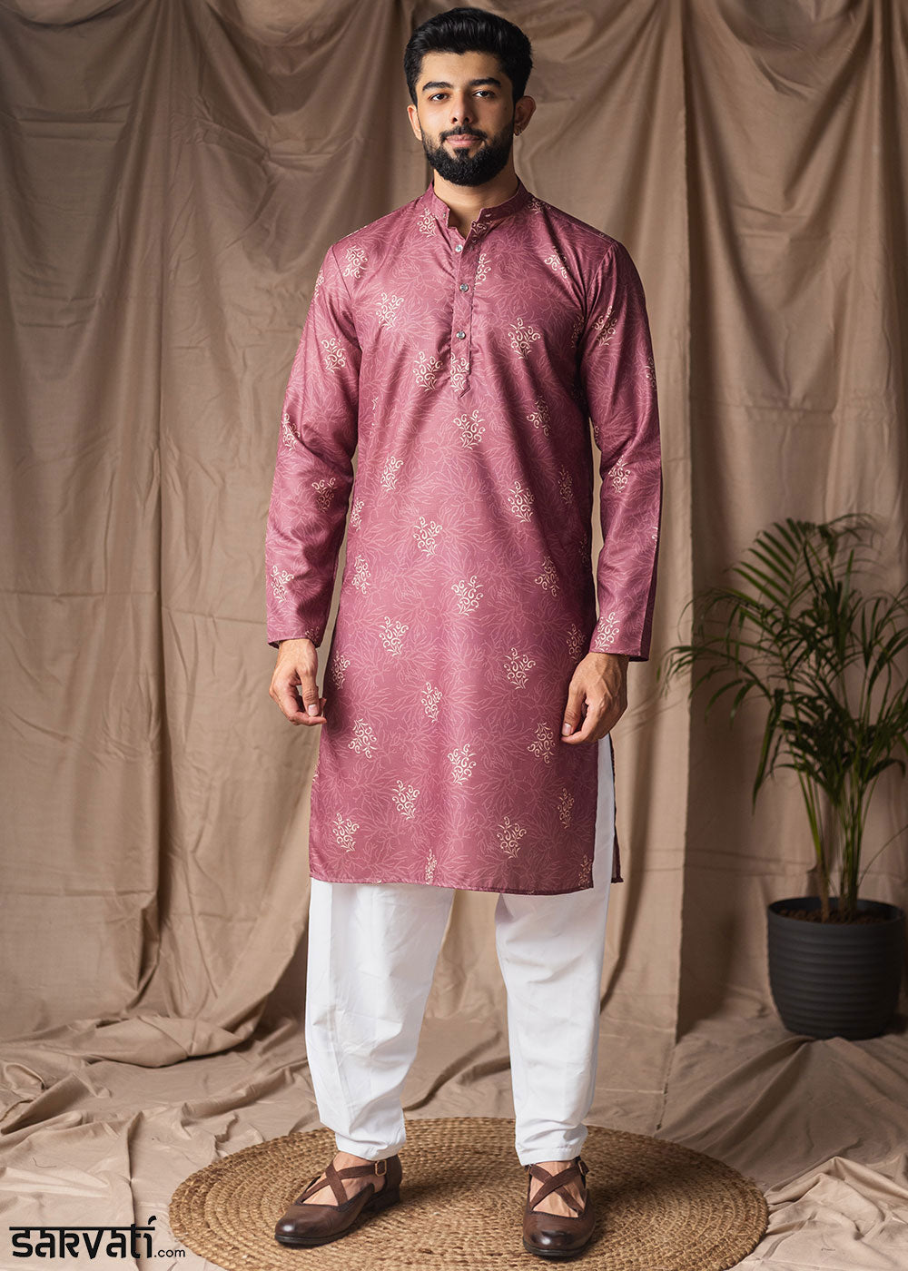 Dusky Pink Blended Linen Kurta with Floral Sketch Print