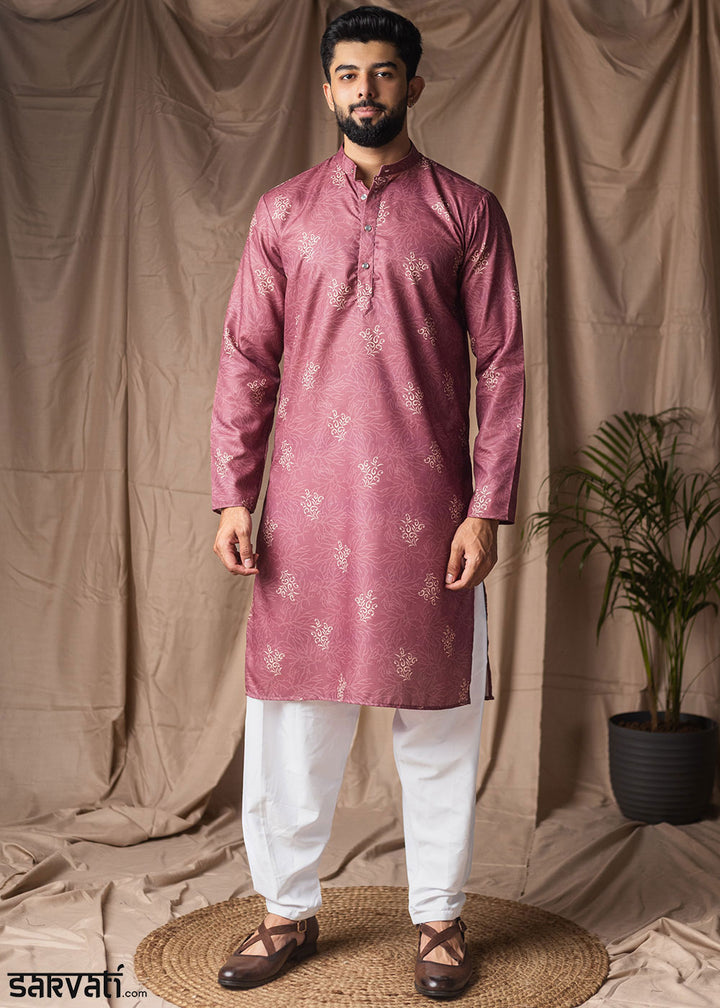 Dusky Pink Blended Linen Kurta with Floral Sketch Print