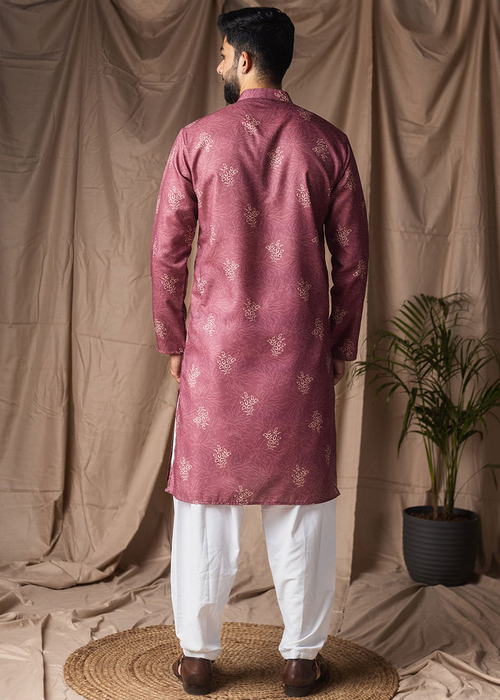 Dusky Pink Blended Linen Kurta with Floral Sketch Print