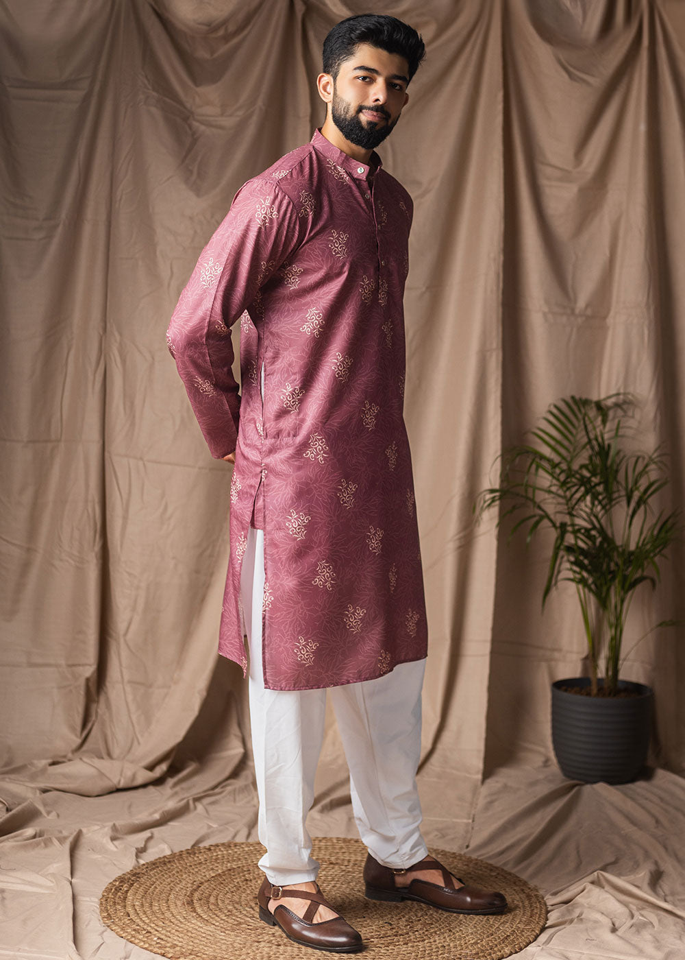 Dusky Pink Blended Linen Kurta with Floral Sketch Print