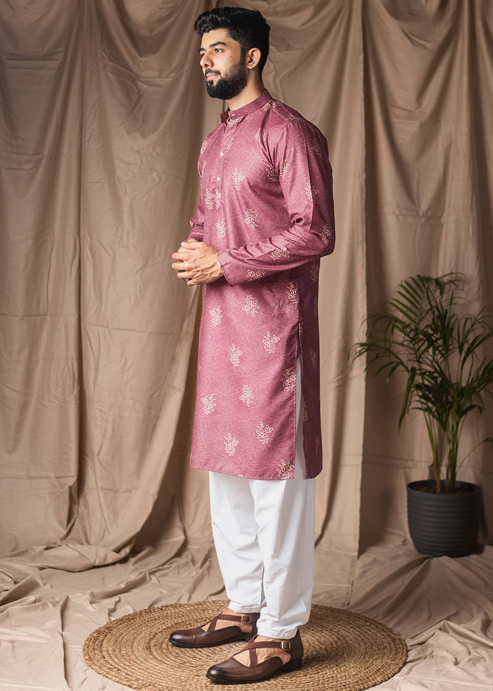 Dusky Pink Blended Linen Kurta with Floral Sketch Print