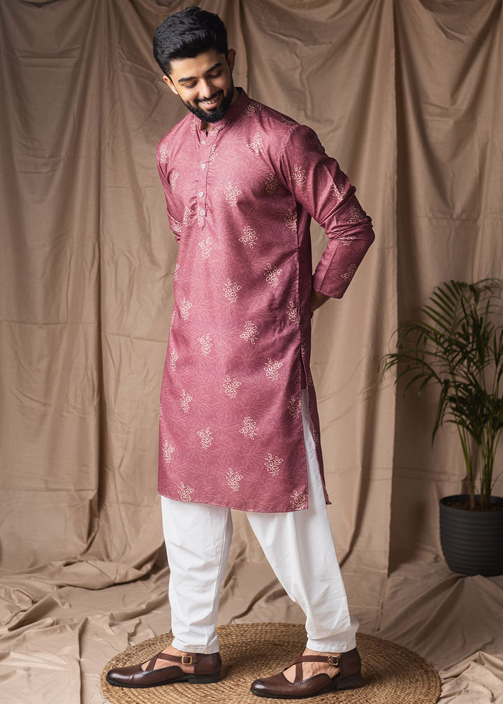 Dusky Pink Blended Linen Kurta with Floral Sketch Print