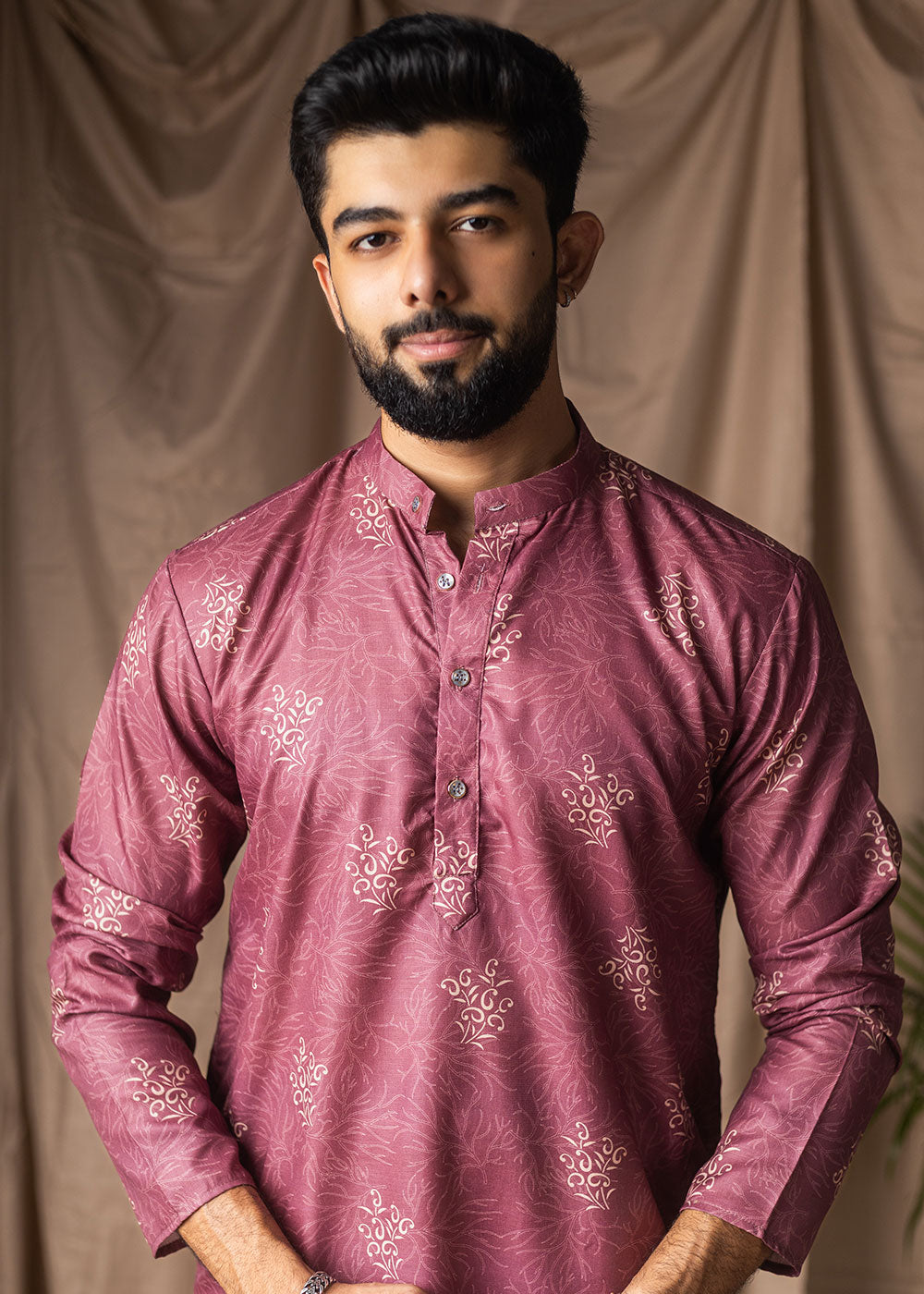 Dusky Pink Blended Linen Kurta with Floral Sketch Print